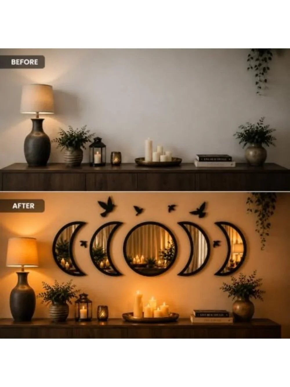 Moon Phase Wall Mirror Set with Birds | Gothic Boho Decor for Bedroom & Living